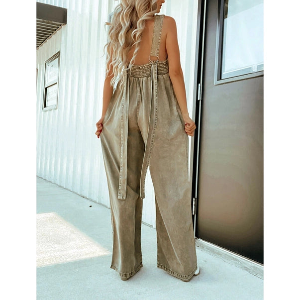V-Neck Sleeveless Washed Denim Jumpsuit