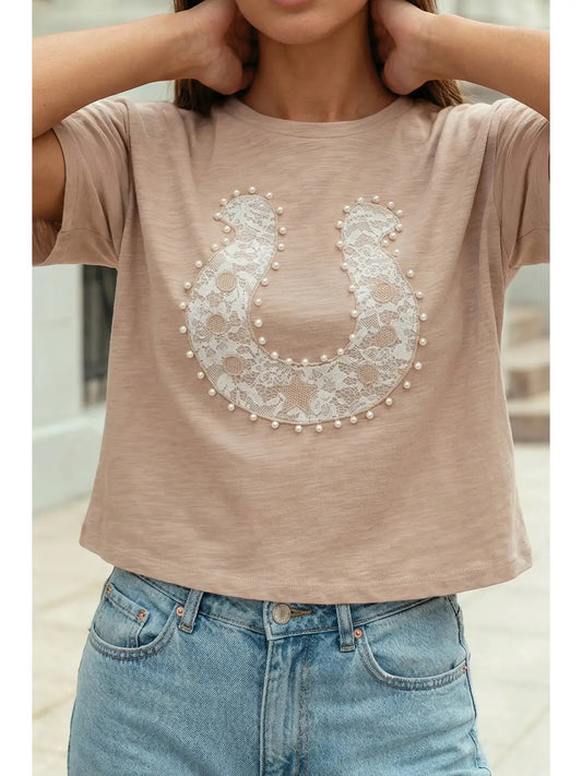 Round Neck Lace Pearled Horse Shoe Cropped Tee