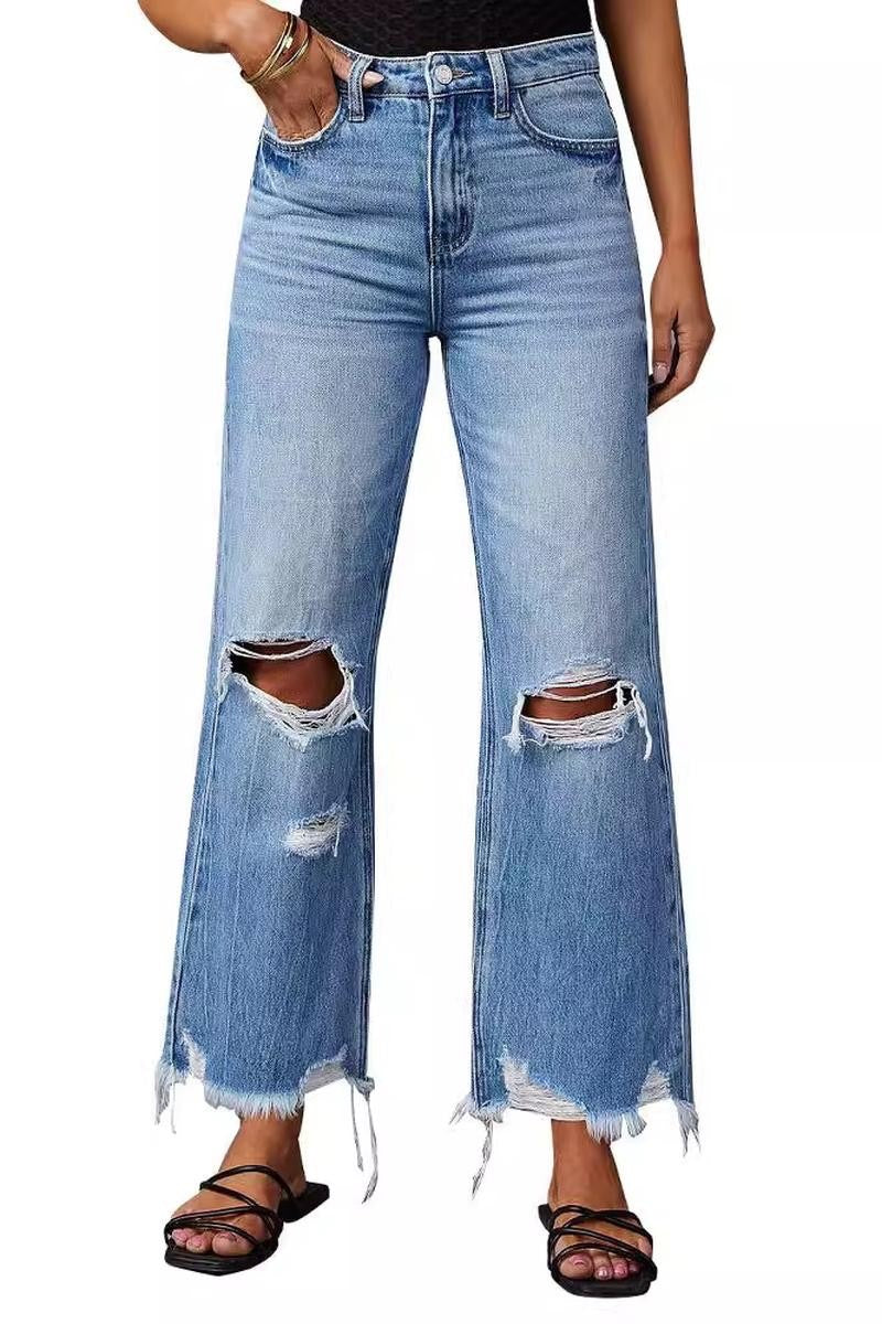 High Waist Wide Leg Fringed Ripped Jeans